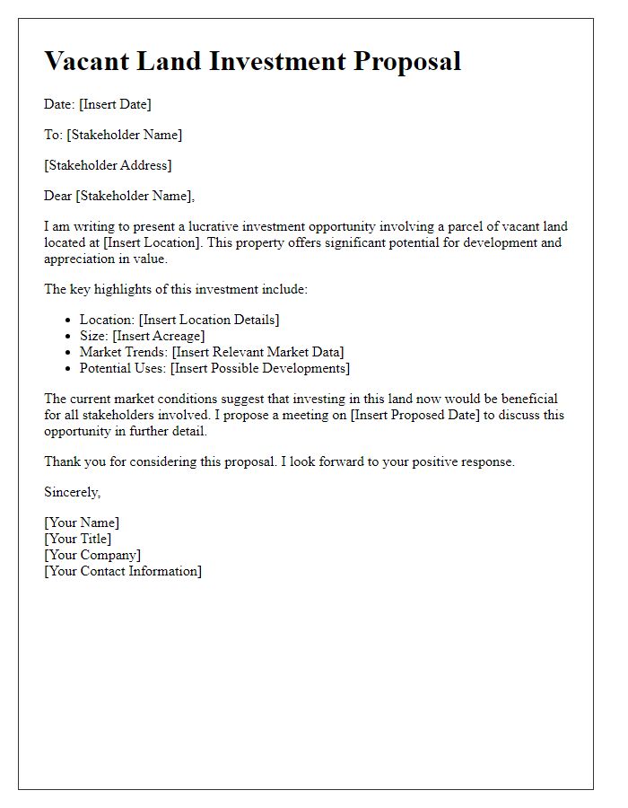 Letter template of vacant land investment proposal to stakeholders