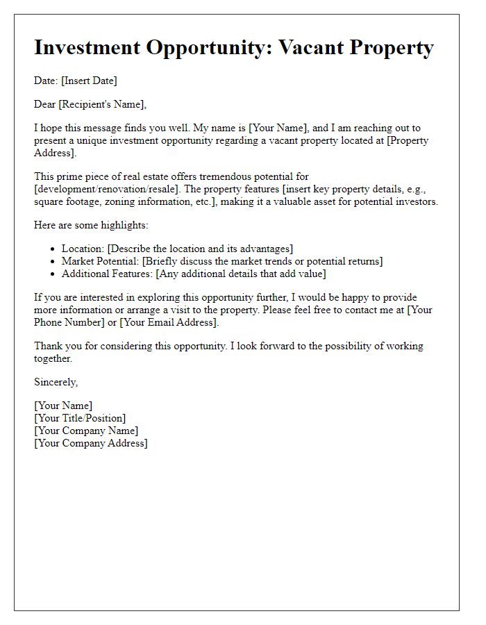 Letter template of vacant property investment opportunity letter