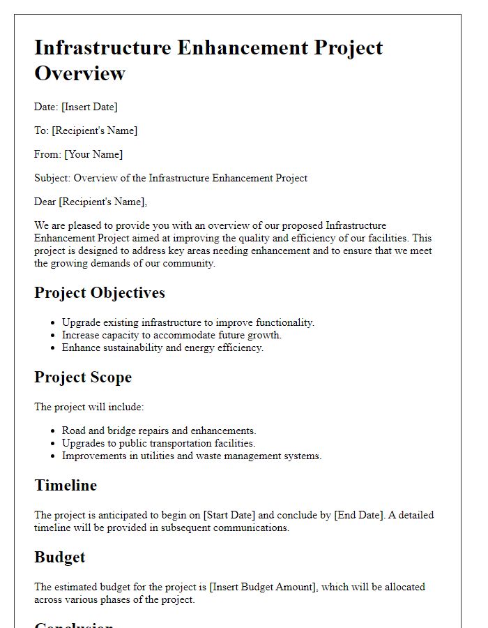 Letter template of infrastructure enhancement project overview