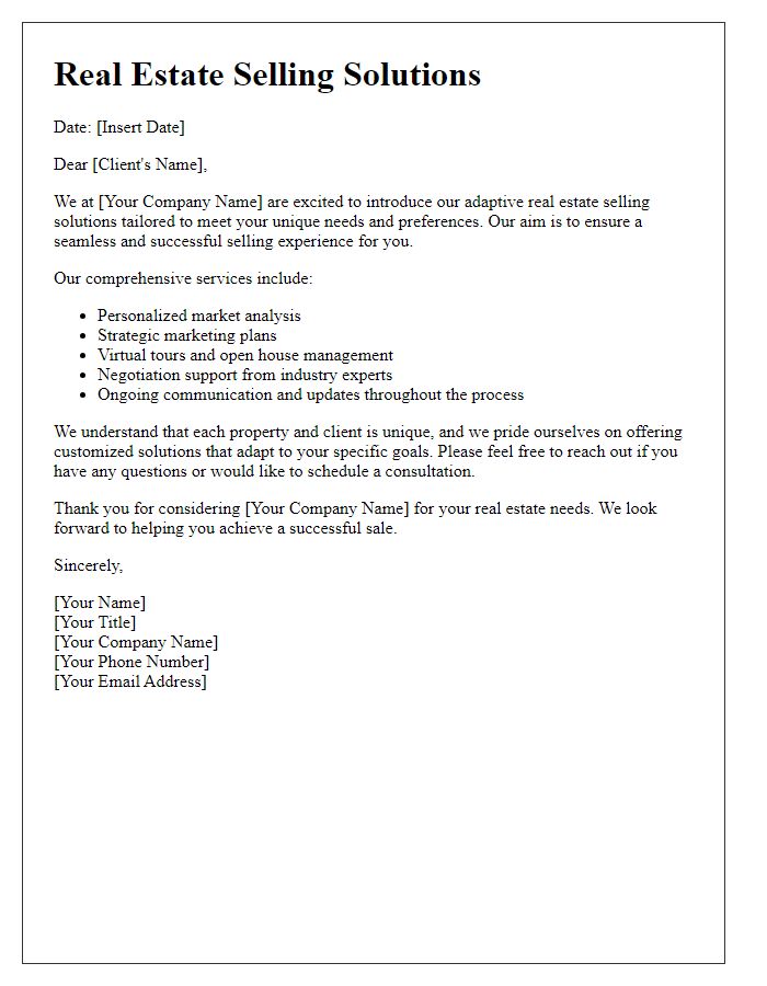 Letter template of adaptive real estate selling solutions