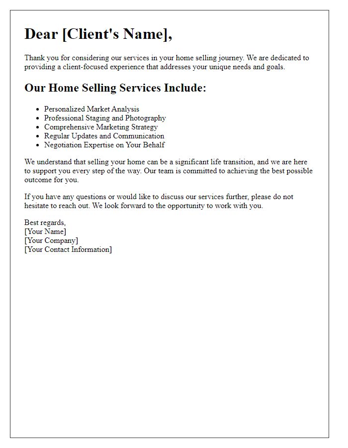 Letter template of client-focused home selling services