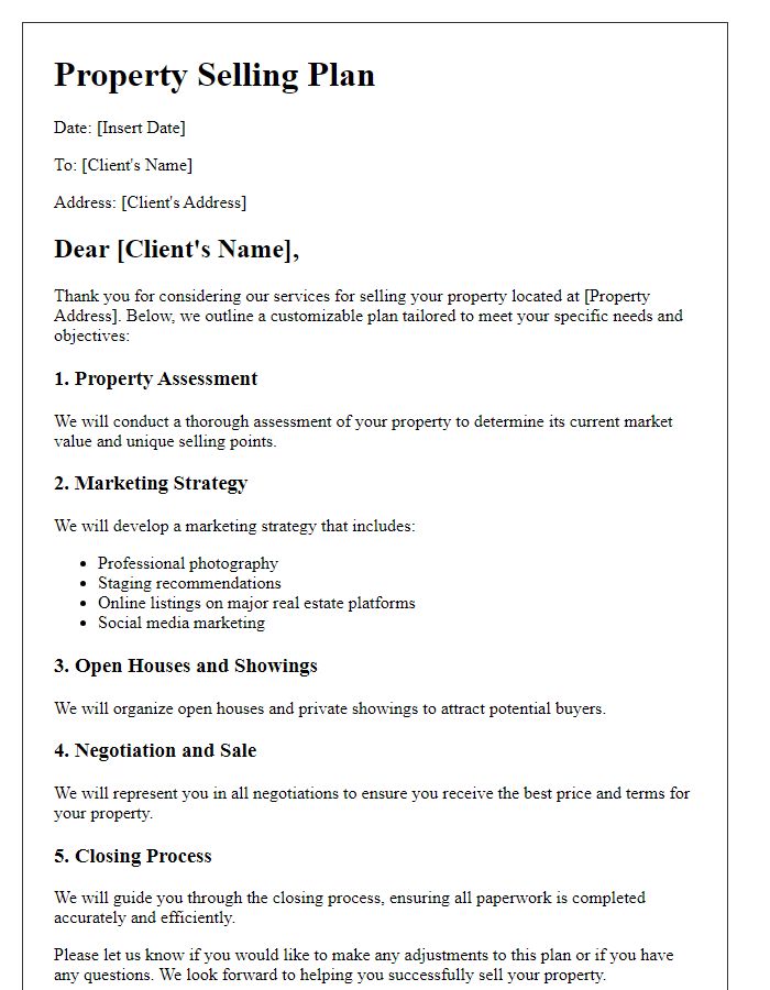 Letter template of customizable property selling plans