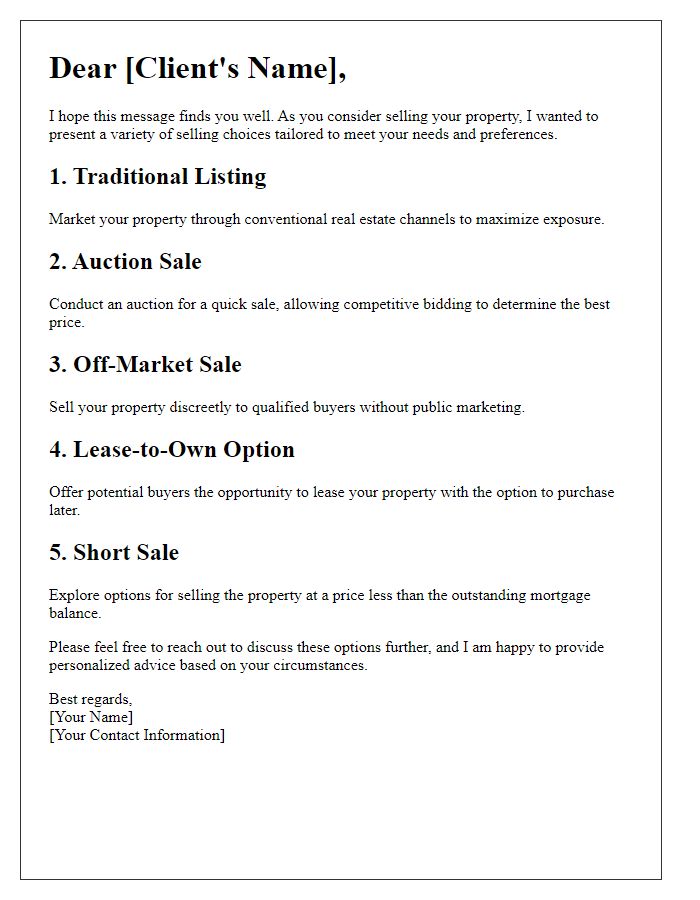 Letter template of diversified property selling choices