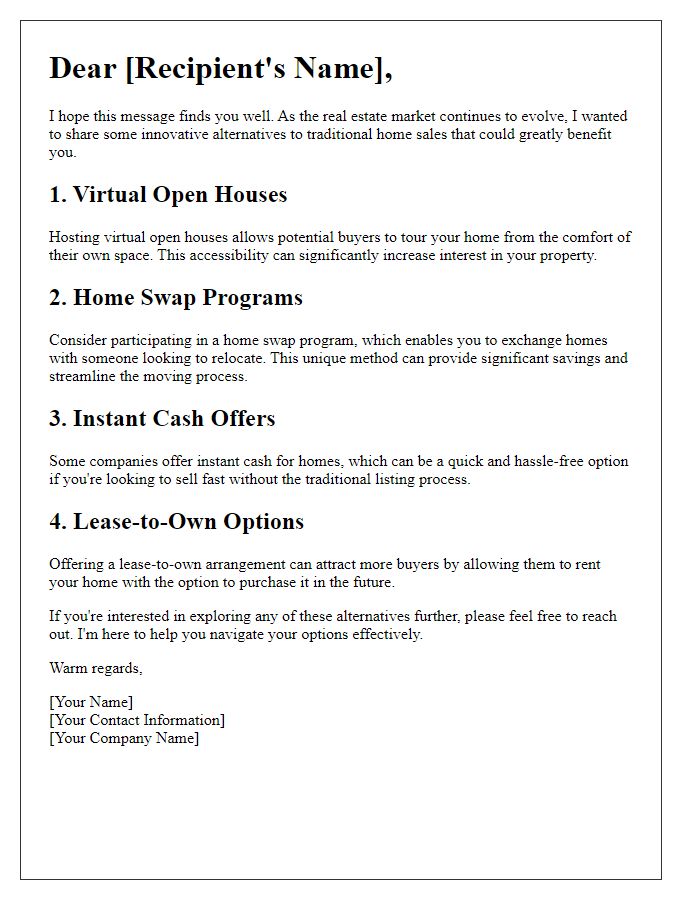 Letter template of innovative home sale alternatives