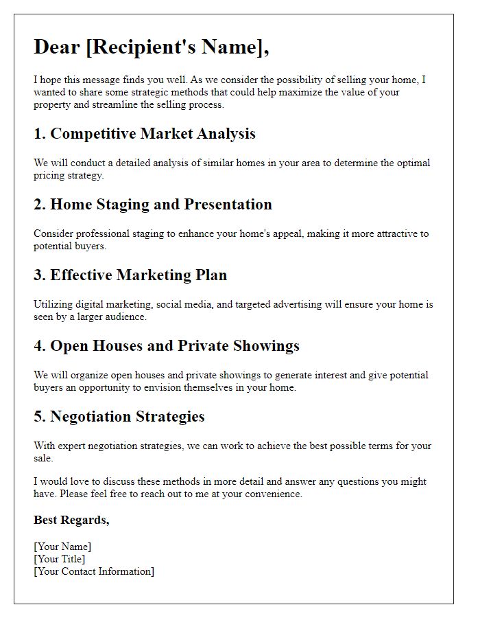 Letter template of strategic home sale methods