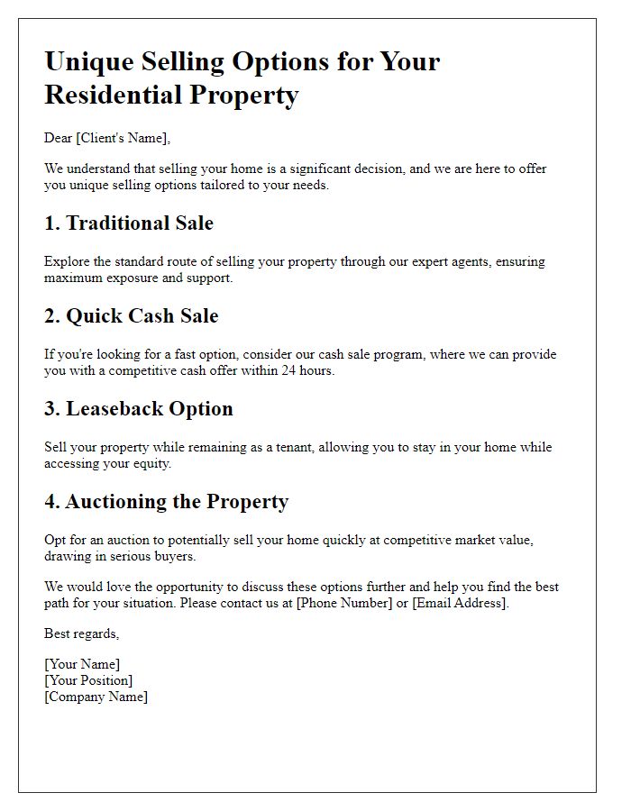 Letter template of unique residential selling options