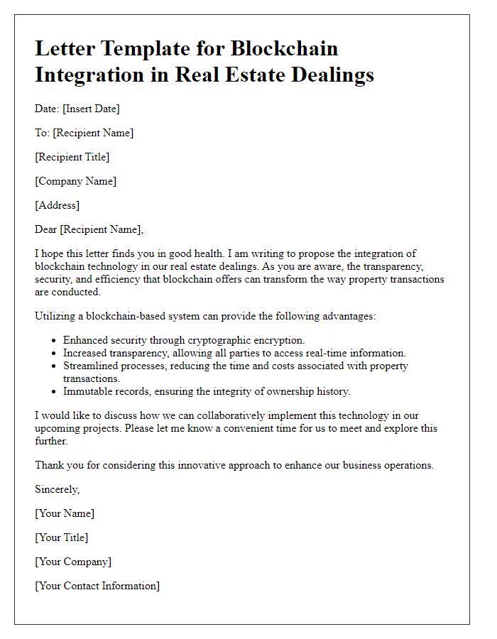 Letter template of blockchain applications for real estate dealings.