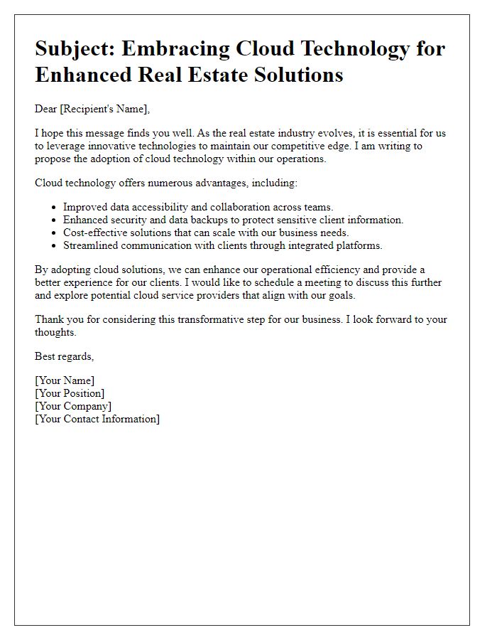 Letter template of cloud technology adoption for real estate businesses.