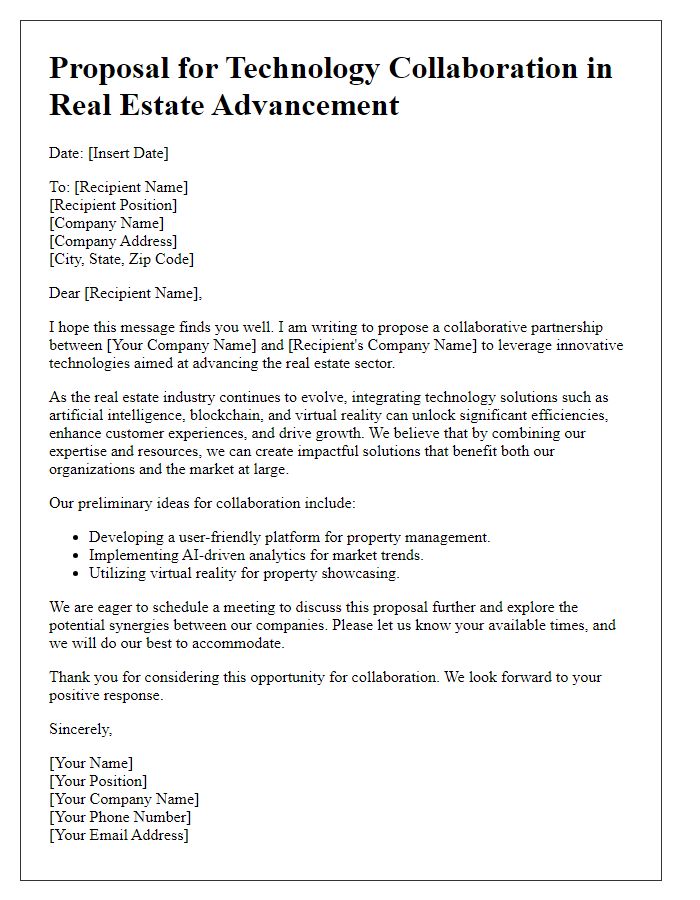 Letter template of technology collaboration proposal for real estate advancement.