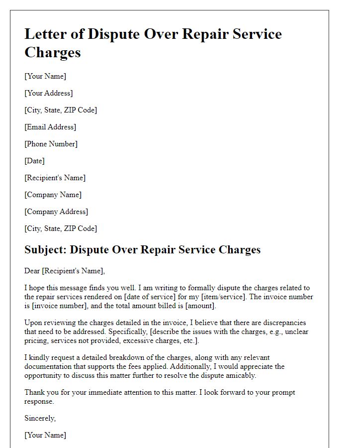 Letter template of dispute over repair service charges.