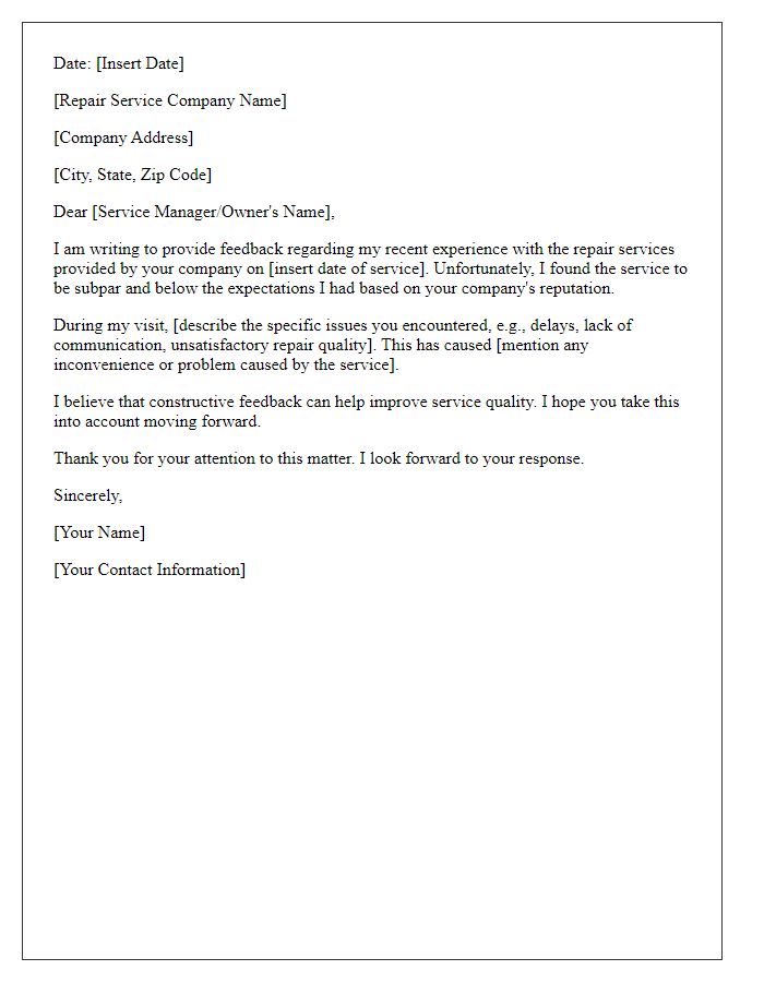 Letter template of feedback on subpar repair service experience.