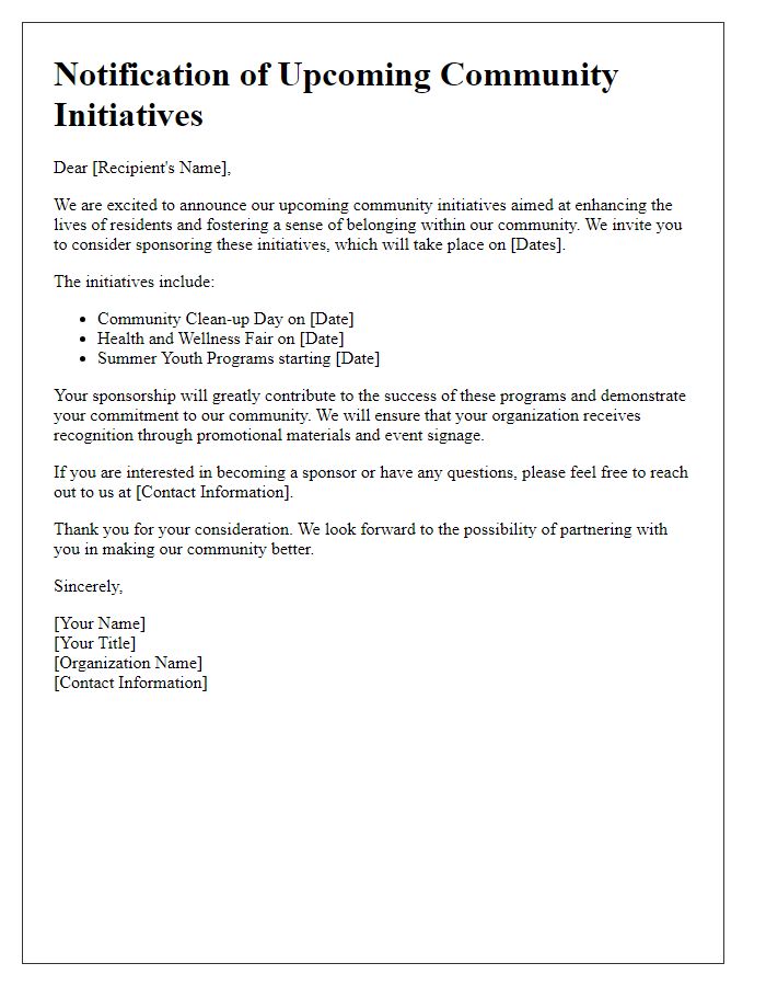 Letter template of notification for upcoming community initiatives sponsorship