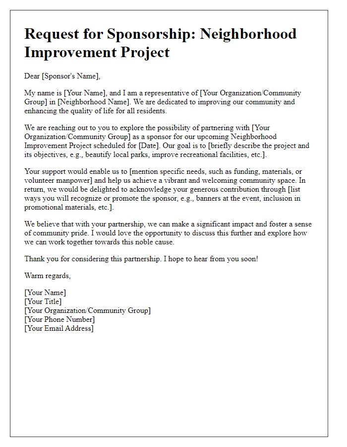 Letter template of outreach for neighborhood improvement sponsorship