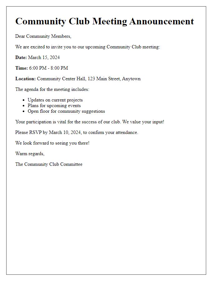 Letter template of community club meeting announcement