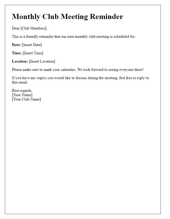 Letter template of monthly club meeting reminder