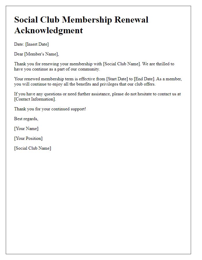 Letter template of social club membership renewal acknowledgment