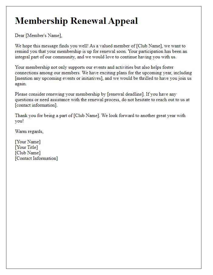 Letter template of social club membership renewal appeal