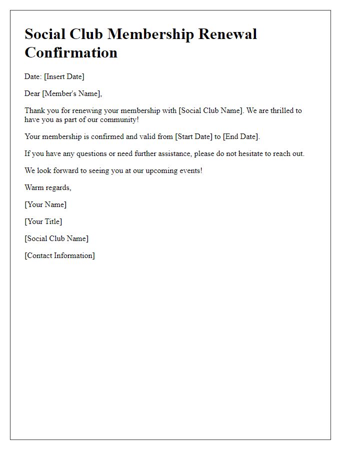 Letter template of social club membership renewal confirmation