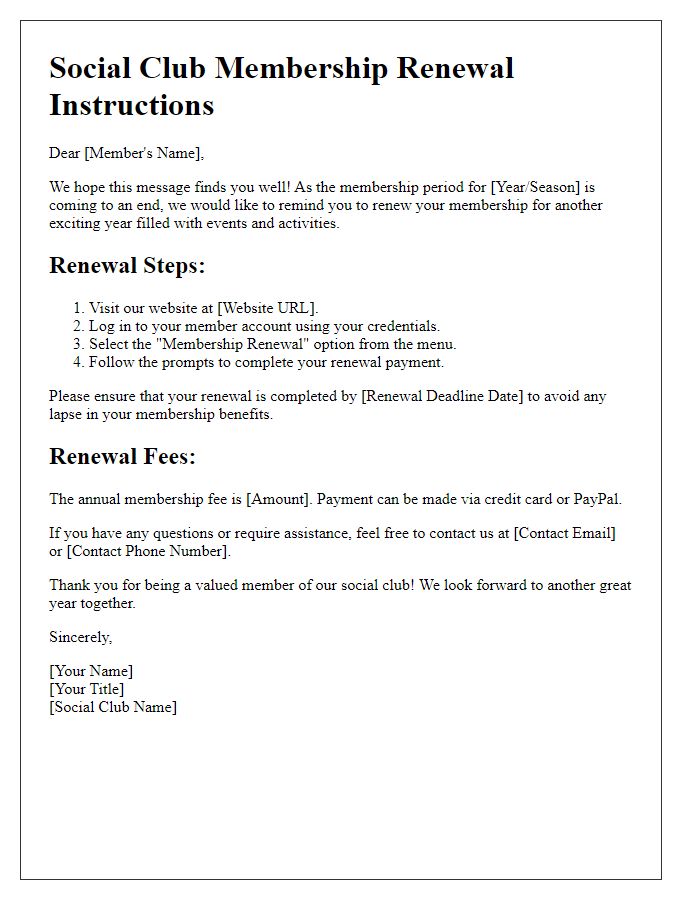 Letter template of social club membership renewal instructions