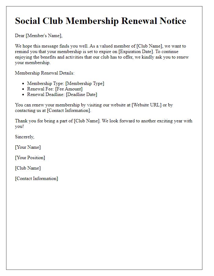 Letter template of social club membership renewal notice