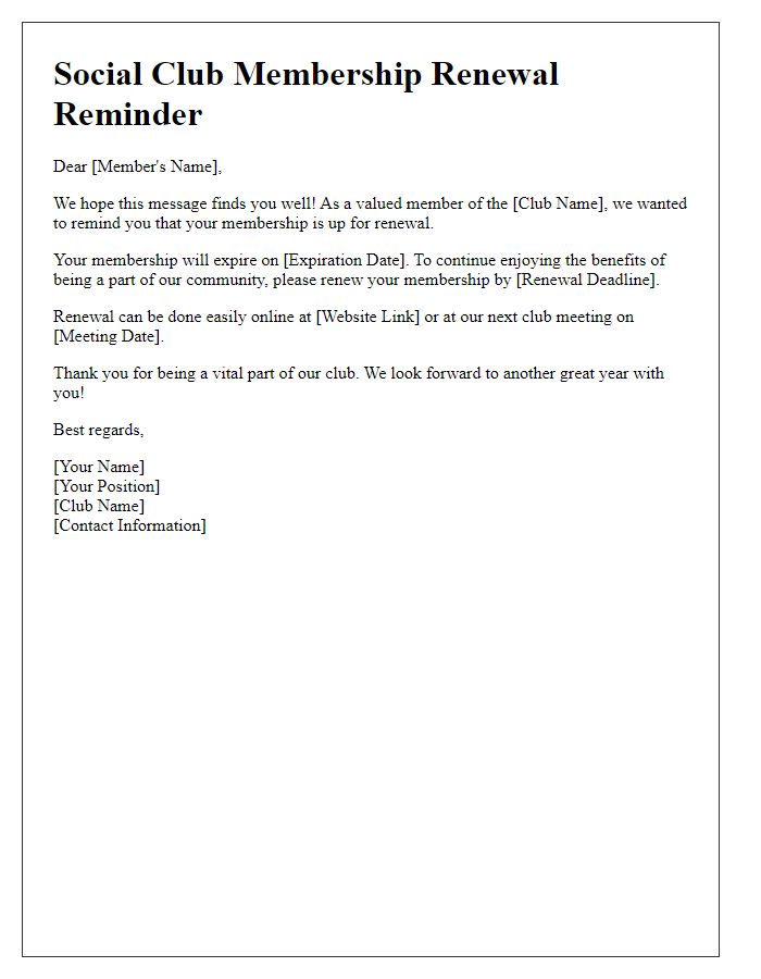 Letter template of social club membership renewal reminder