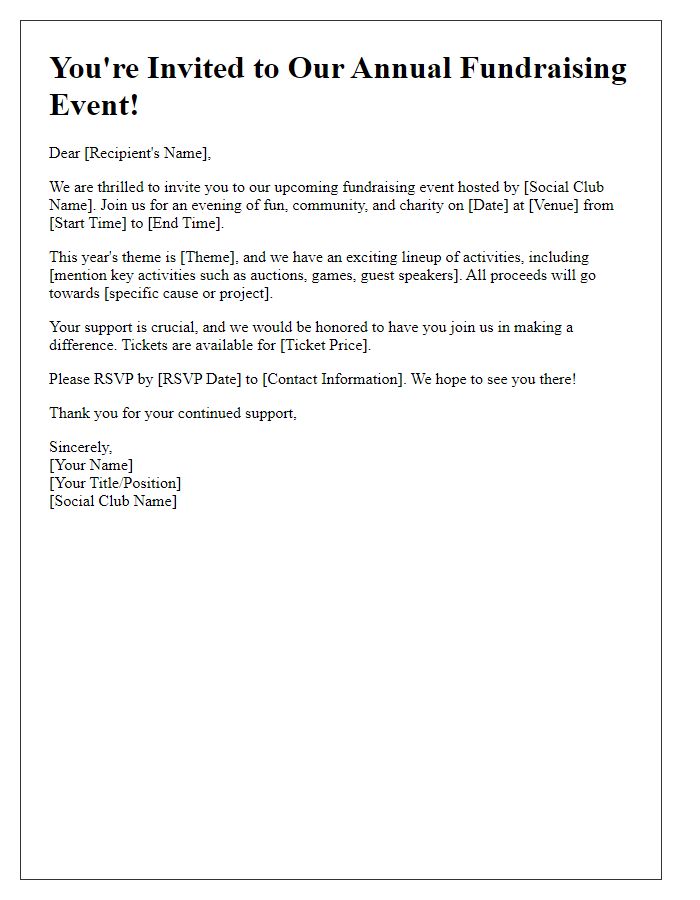 Letter template of fundraising invitation for the social club event.