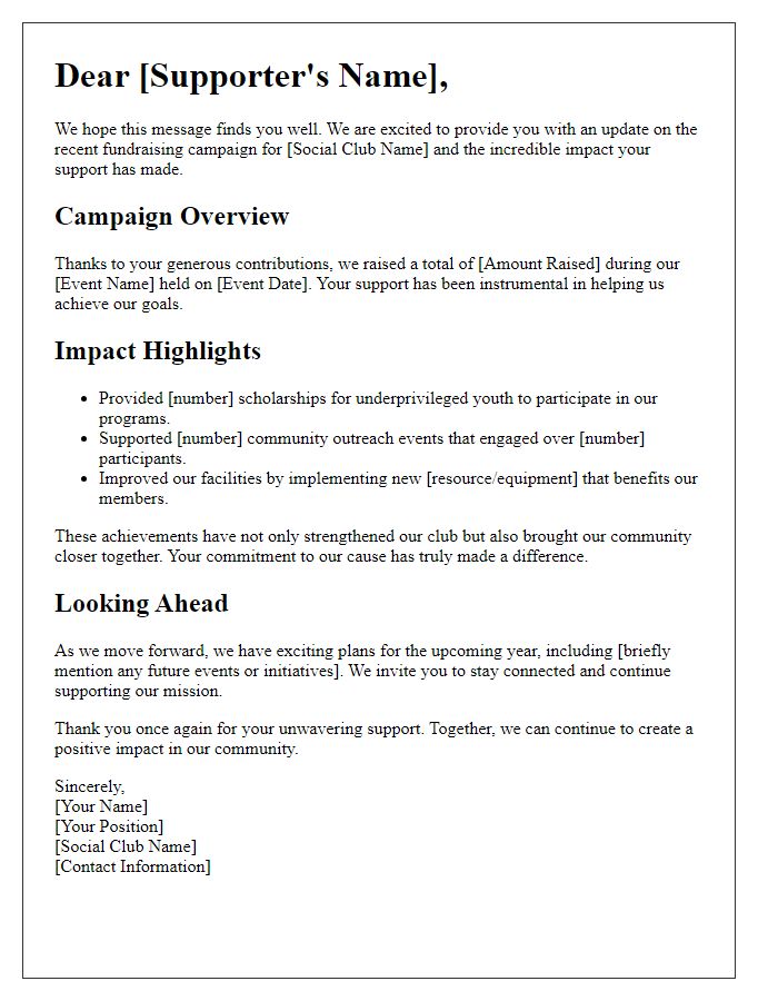 Letter template of impact report for supporters of the social club fundraising campaign.