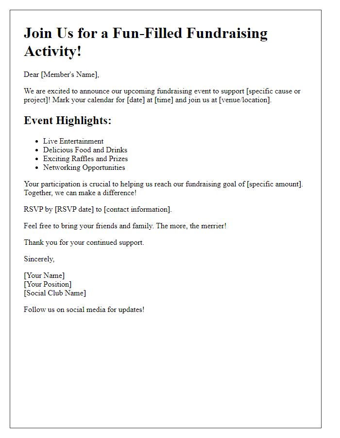 Letter template of promotional flyer for the social club fundraising activity.