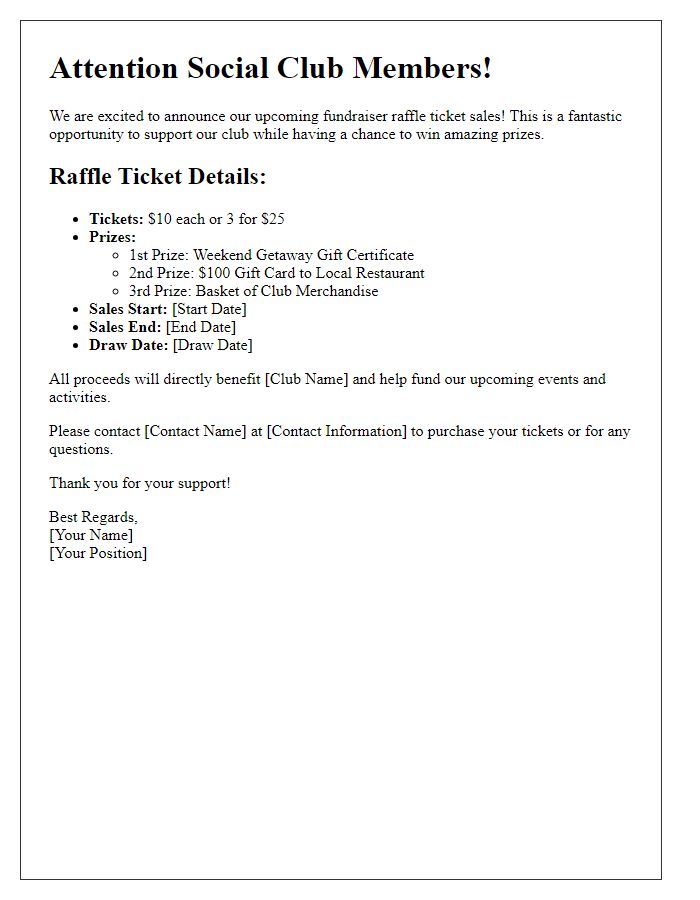 Letter template of raffle ticket sales announcement for social club fundraiser.