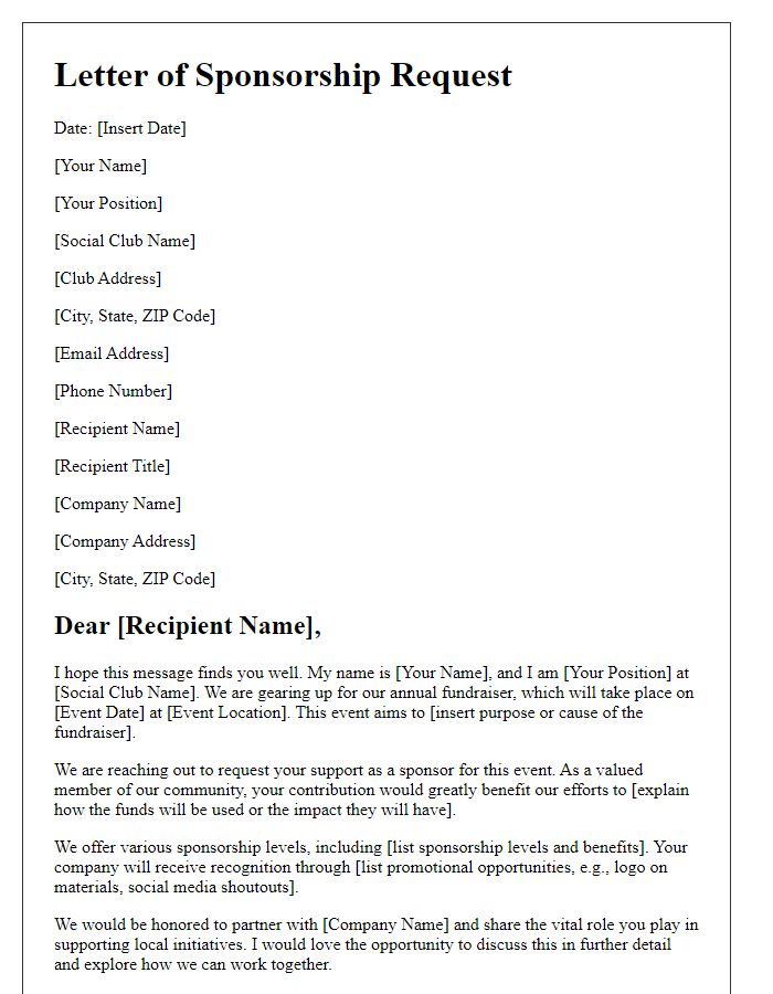 Letter template of sponsorship request for the social club fundraiser.