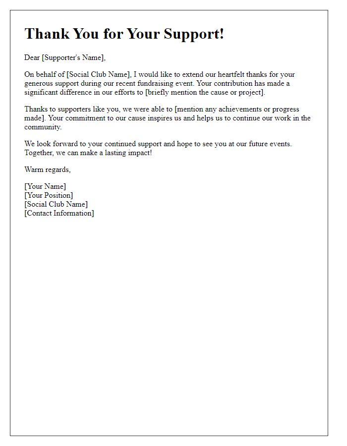 Letter template of thank-you message for social club fundraising supporters.