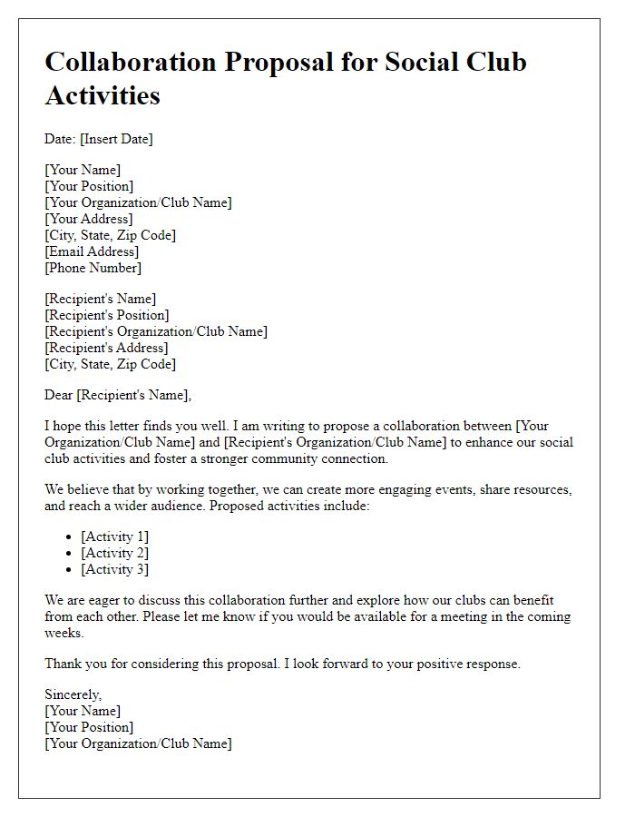 Letter template of collaboration proposal for social club activities.