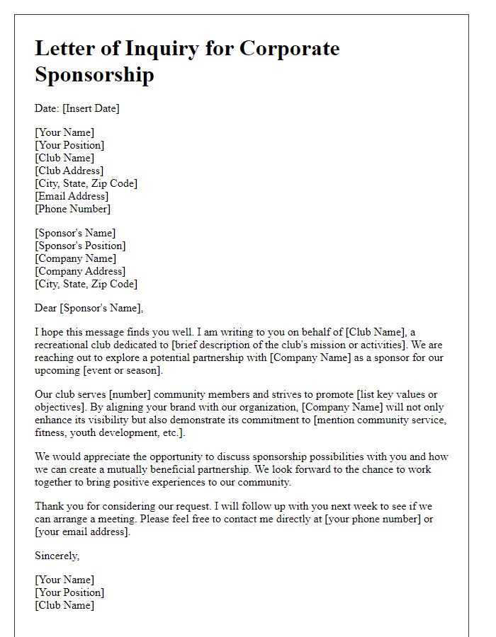 Letter template of corporate sponsorship inquiry for recreational club.