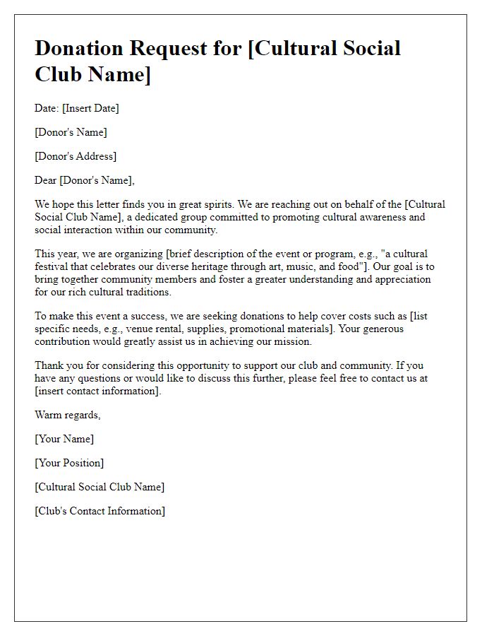 Letter template of donation request for cultural social club.