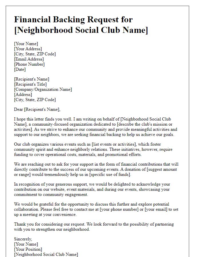 Letter template of financial backing request for neighborhood social club.