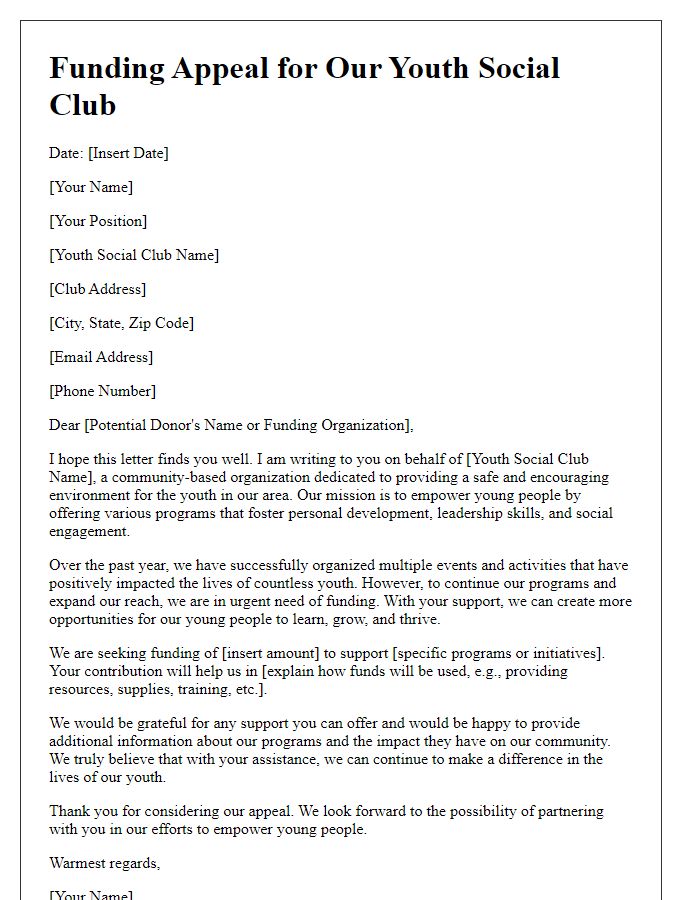 Letter template of funding appeal for youth social club.