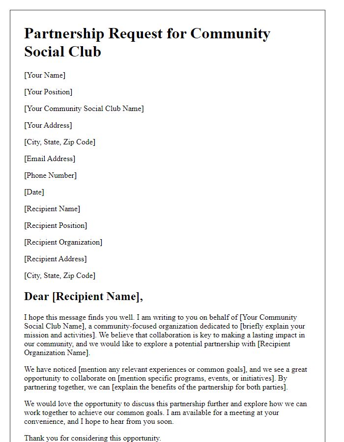 Letter template of partnership request for community social club.