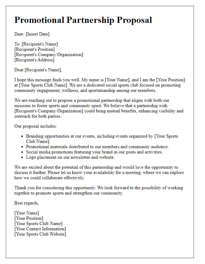 Letter template of promotional partnership for sports social club.