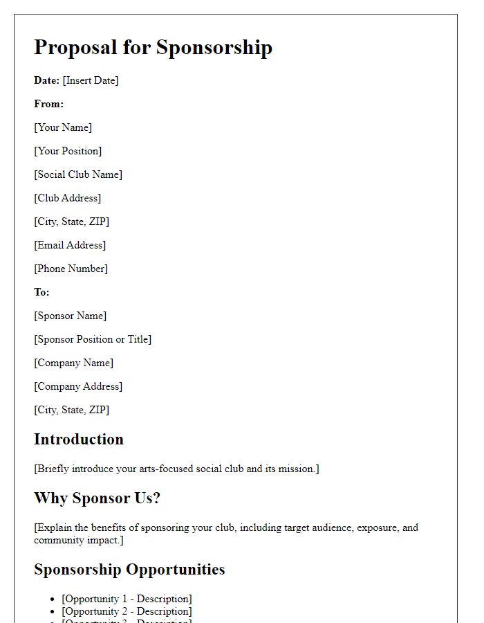 Letter template of sponsorship outline for arts-focused social club.