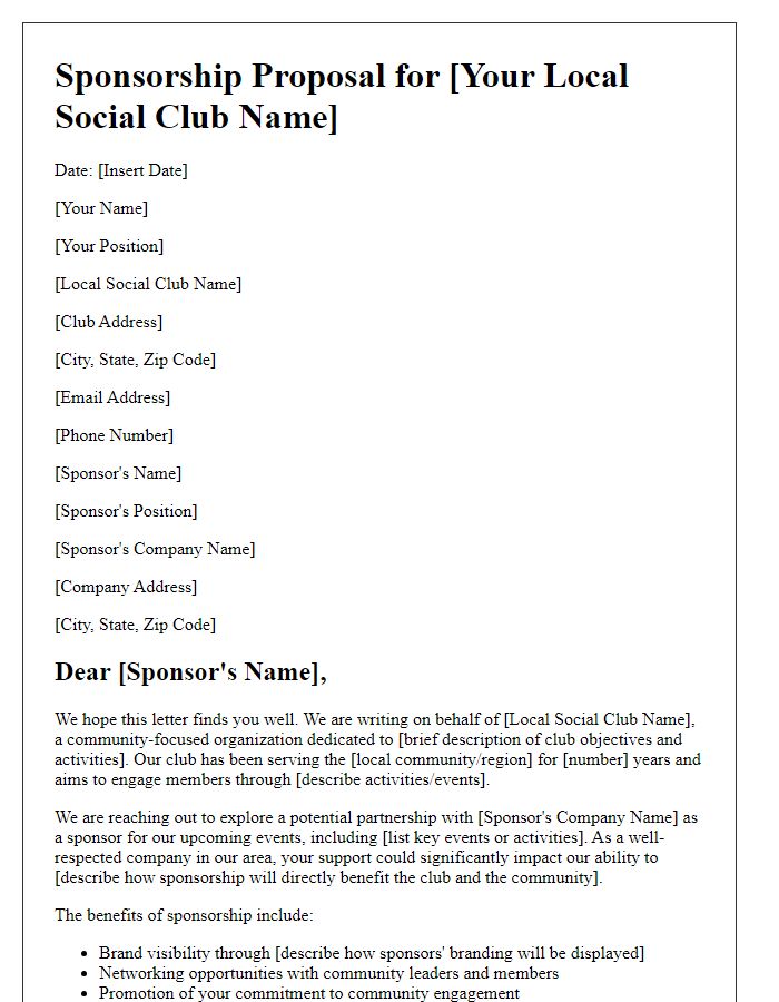 Letter template of sponsorship proposal for local social club.