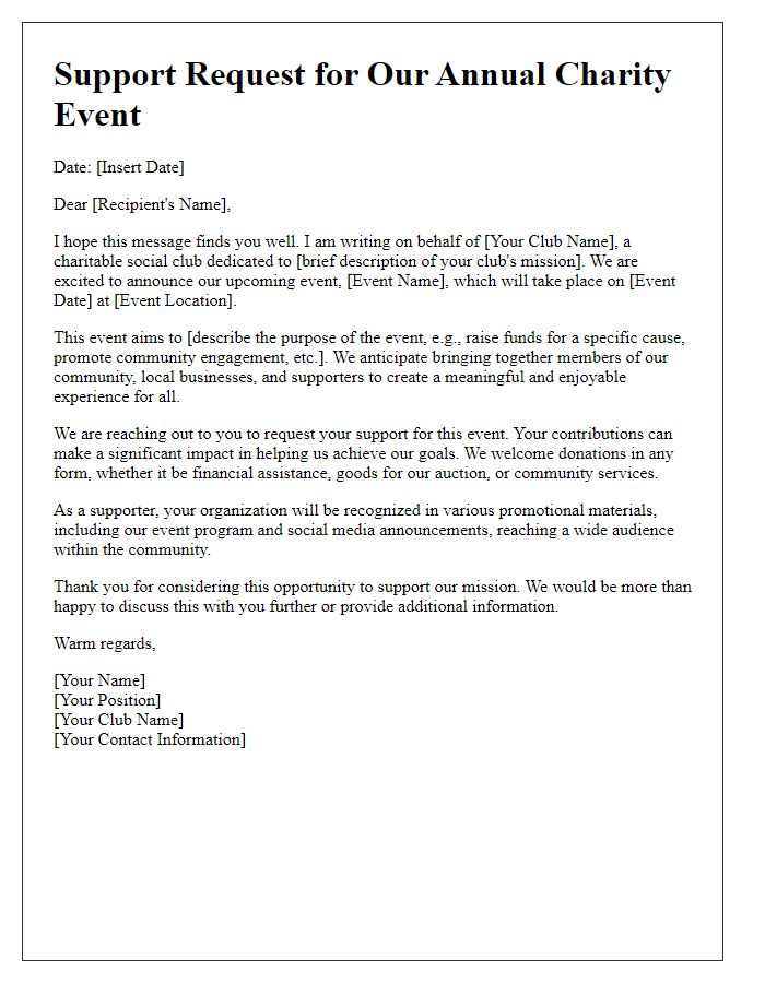 Letter template of support request for charitable social club event.