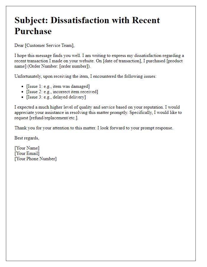 Letter template of e-commerce transaction dissatisfaction