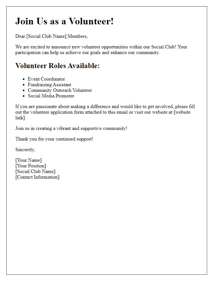 Letter template of Announcement for Social Club Volunteer Opportunities