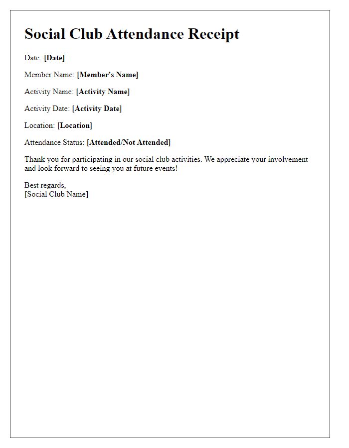 Letter template of social club activity attendance receipt