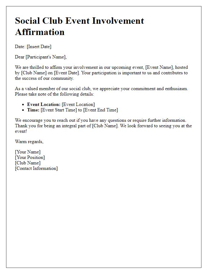 Letter template of social club event involvement affirmation