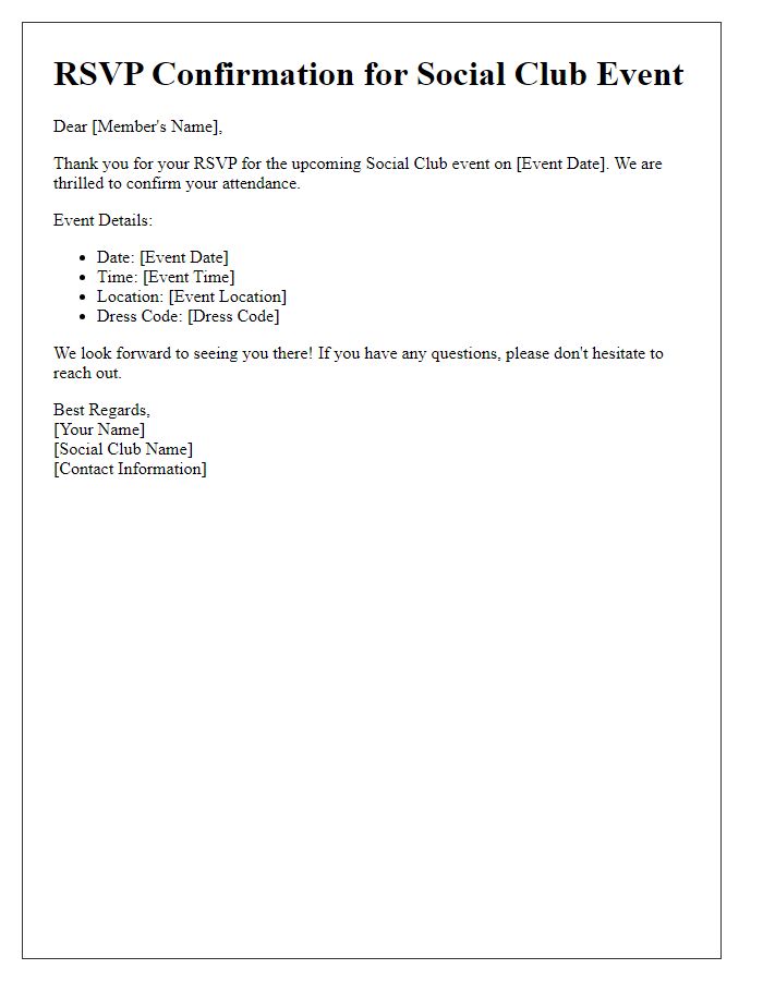 Letter template of social club event RSVP confirmation