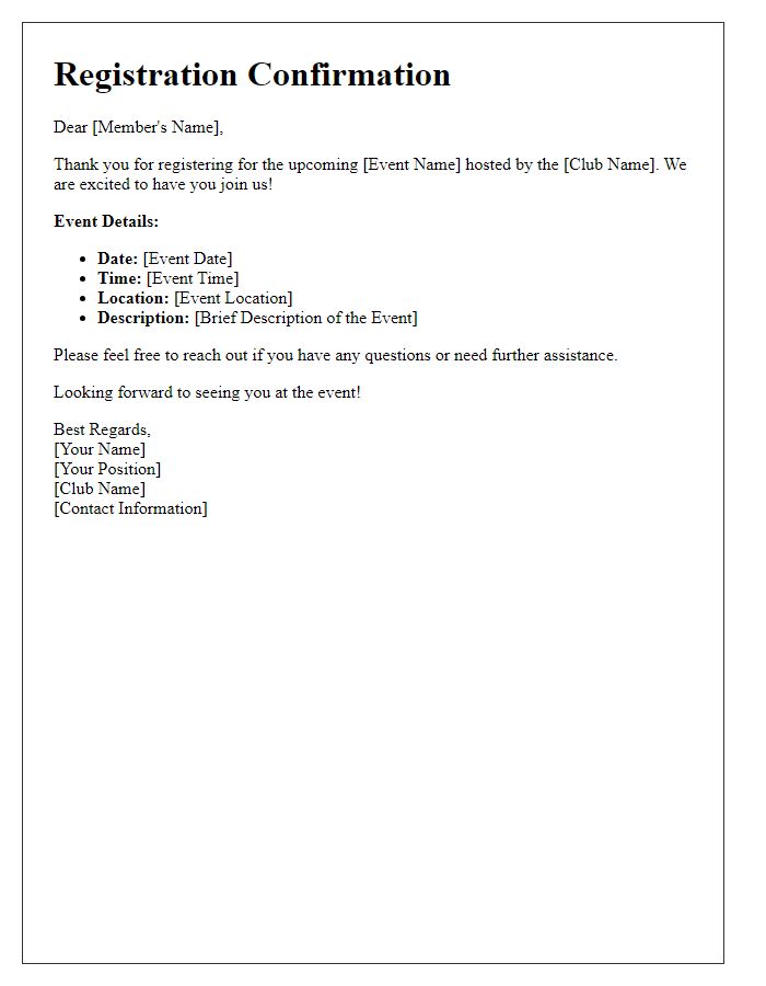 Letter template of social club function registration confirmation