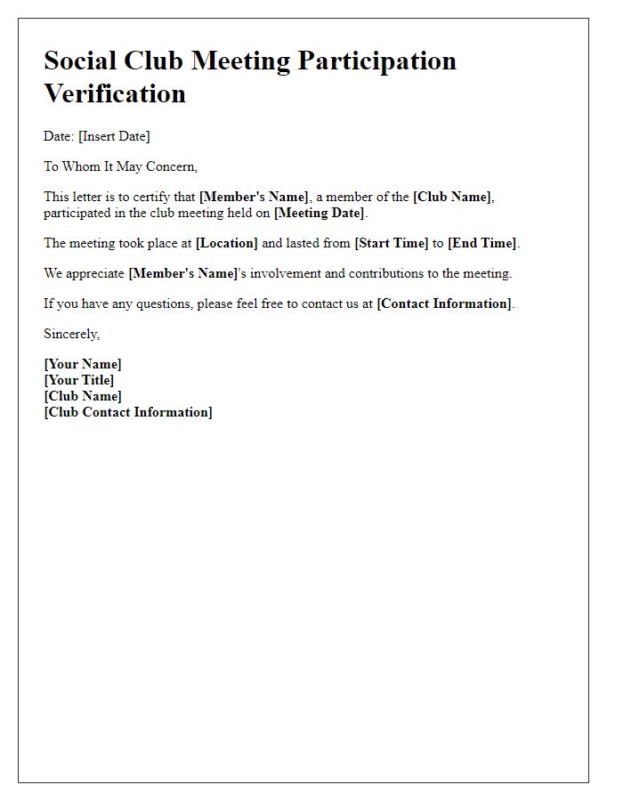 Letter template of social club meeting participation verification