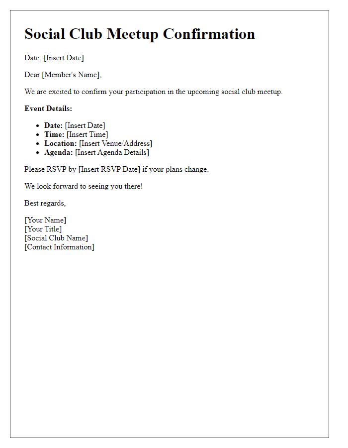 Letter template of social club meetup confirmation letter