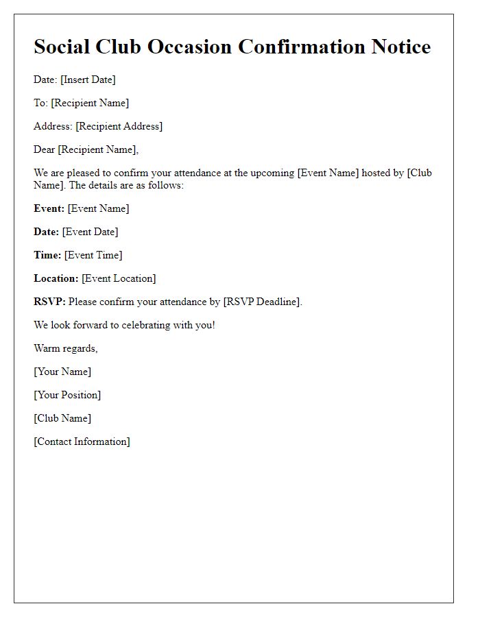 Letter template of social club occasion confirmation notice